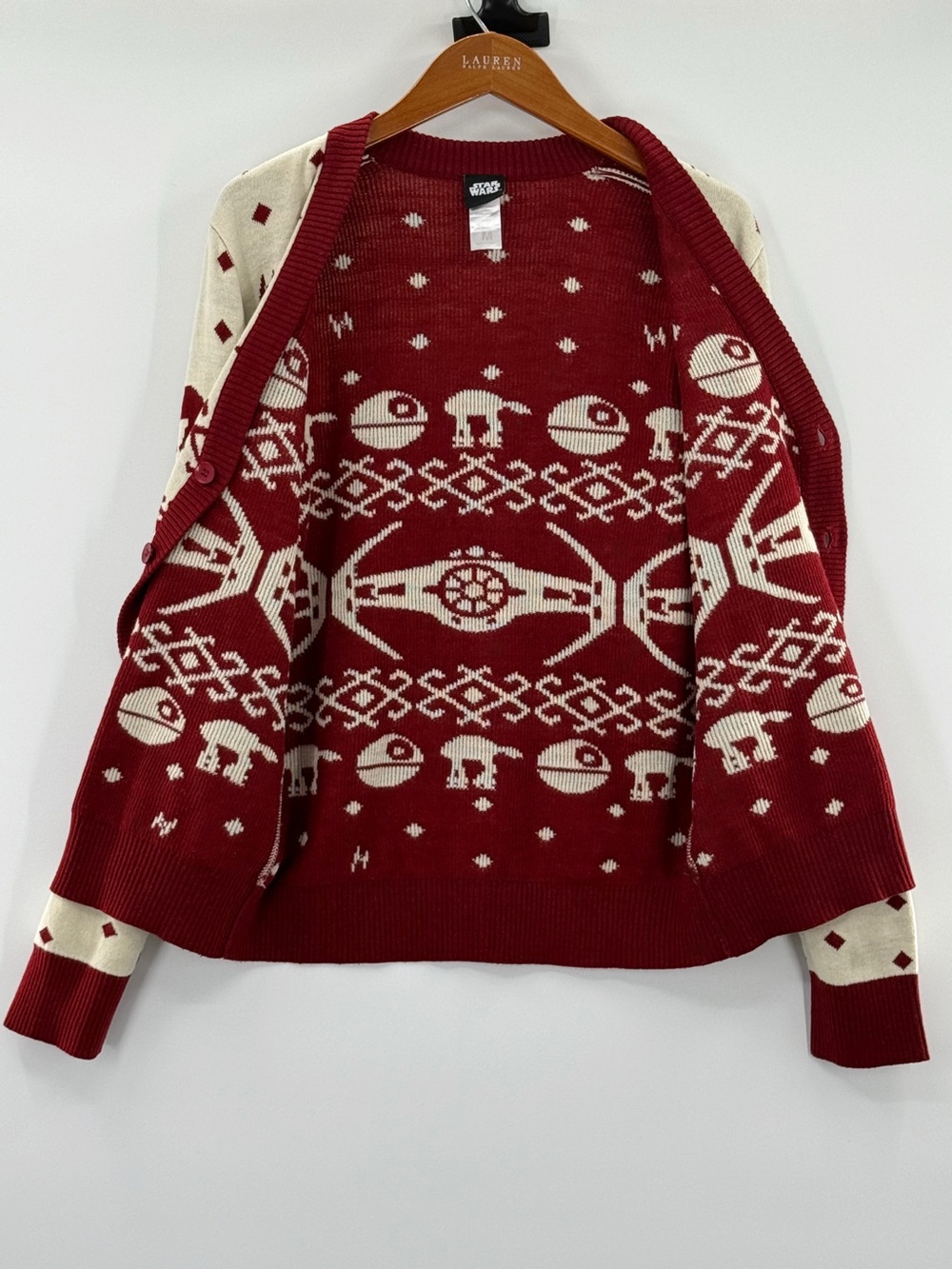 Star Wars Fair Isle Cardigan Sweater Death Star AT-AT Red Cream Size M - Picture 4 of 7